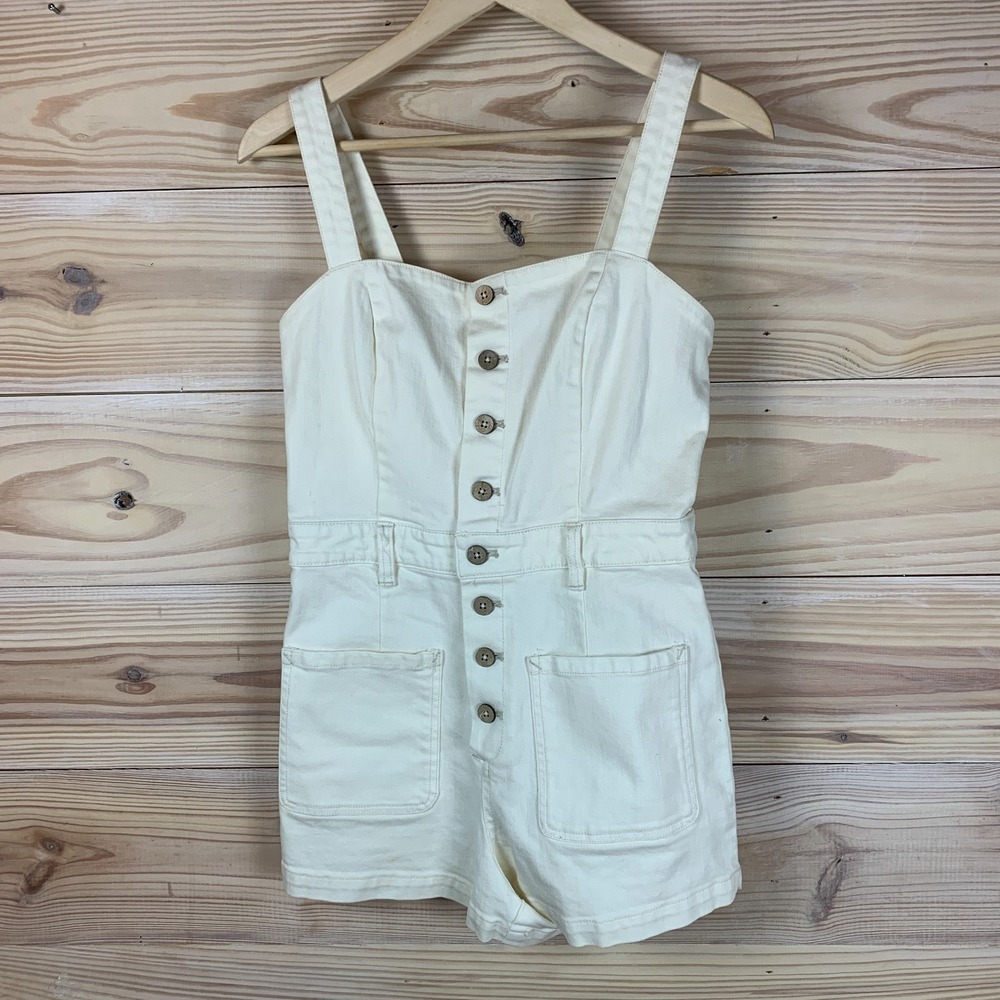 Free People Sweetheart Women 6 Ivory Denim Shortall Romper Jean‎ Shorts Beachy